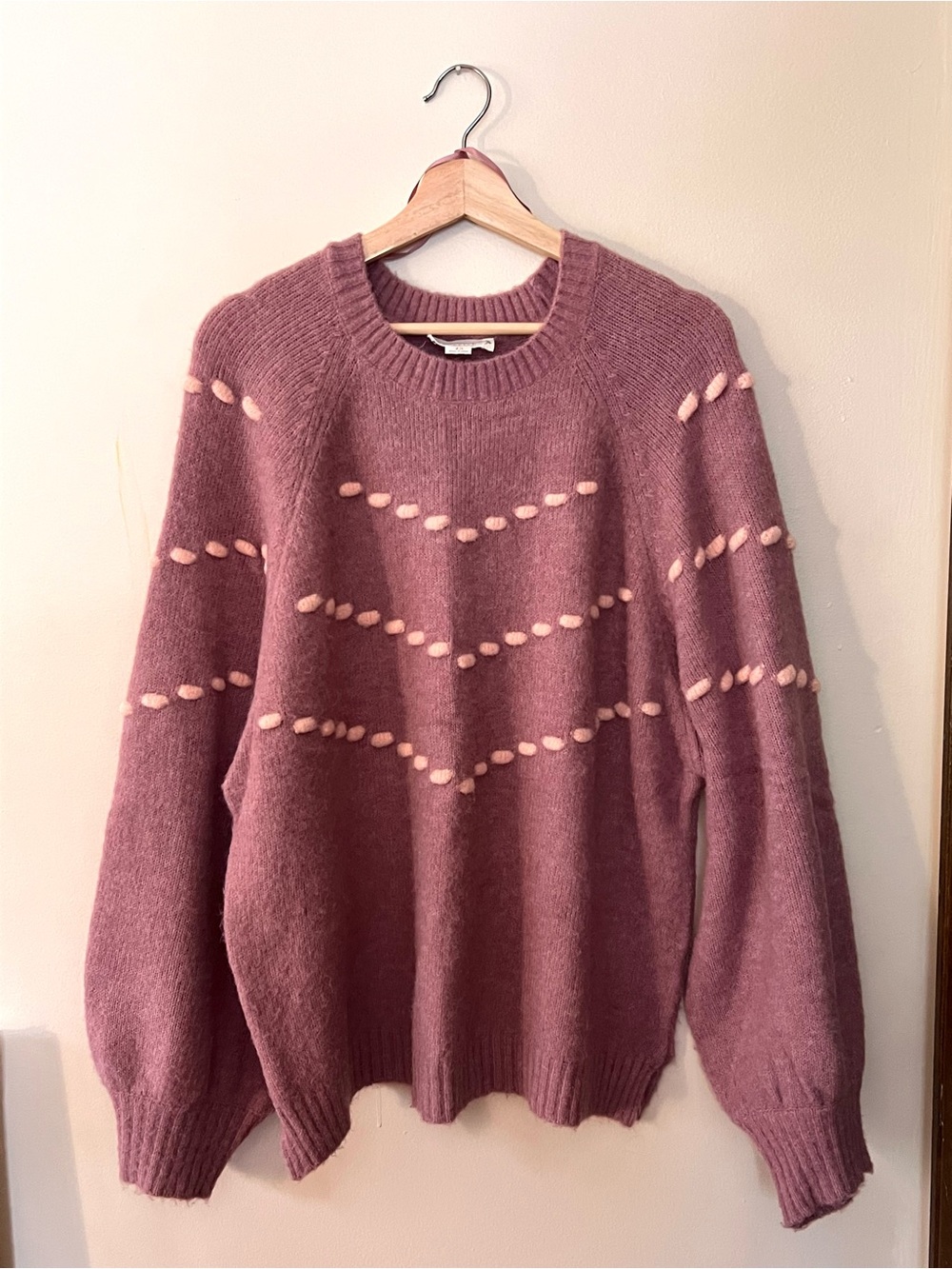 Love Riche Mauve Crewneck Sweater with Blush Dot Detail and Drop Puff Sleeves